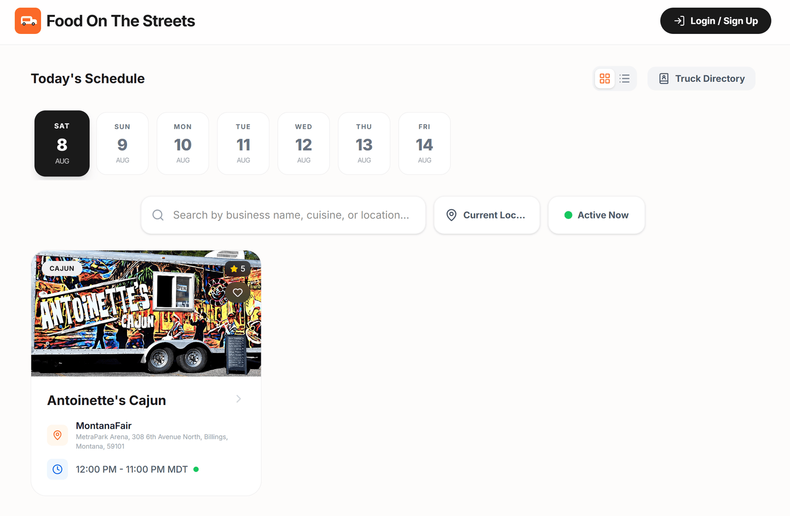 Food On The Streets homepage with one food truck schedule item